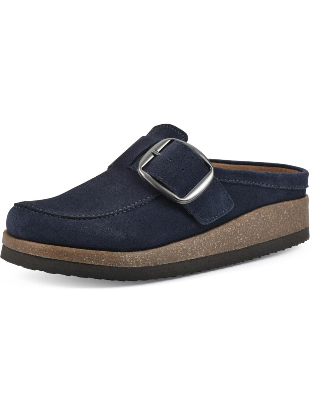 🆕Women's Navy Suede Leather Big Buckle Foot bed Clogs Flat Slip On Mules